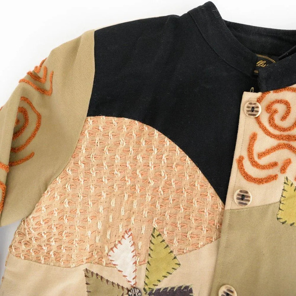 Vintage 90's Allure Tan & Black 100% Cotton Patchwork Brocade Button Up Jacket M - Picture 12 of 14